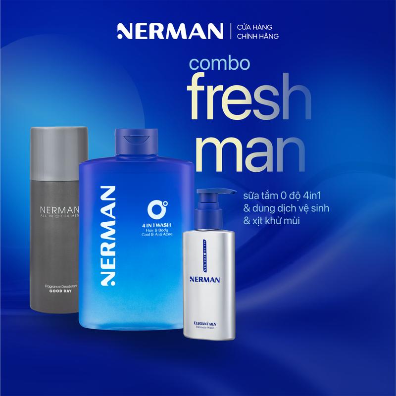COMBO FRESH MAN NERMAN - Sữa tắm gội lạnh 4IN1 330ml & Dung dịch vệ sinh cho nam 100ml & Xịt khử mùi toàn thân 100ml