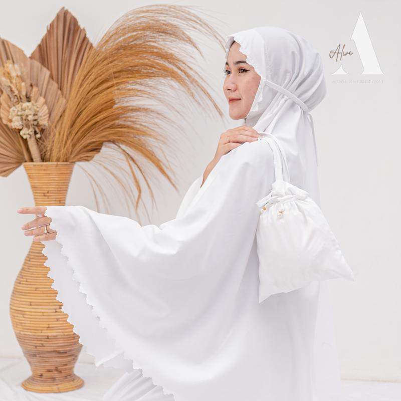 Product Introduction of Mukena Dewasa Traveling Mini Alwi Series Free Tas Pouch Serut Mutiara Atasan Bawahan Panjang Katun Lembut mukenah  Muslim resleting 23