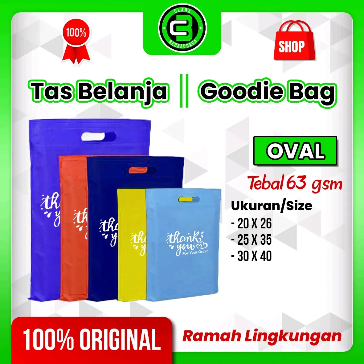 Goodie Bag | Motif ( Thank You For Your Order ) | Tas Belanja | Tas Souvenir | Tas Hajatan | Tas Ulang Tahun | Spundbond Goodie Bag - Oval 63GSM