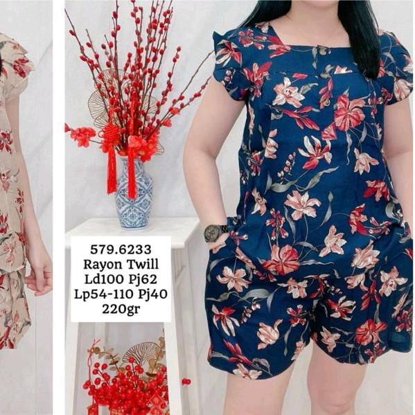 286 Setelan Pendek Canse Kancing Abstrak Corak Bunga Katun Twill Halus Rayon Wanita Baju Motif Cantik 3