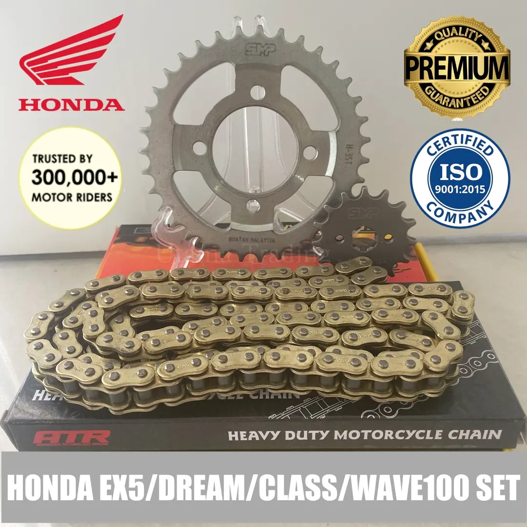 (SMP X ATR HEAVY DUTY 428) HONDA EX5 Sprocket Motor 428 Dream/ Class/ Hi-Power/ Wave 100, SYM 110, 115, 125 / MODENAS MR3 Rantai Gold Chain Combo Set Harden S20C Carbon Steel Heavy Duty Fine Blanking Technology Motorcycle Alloy Silver