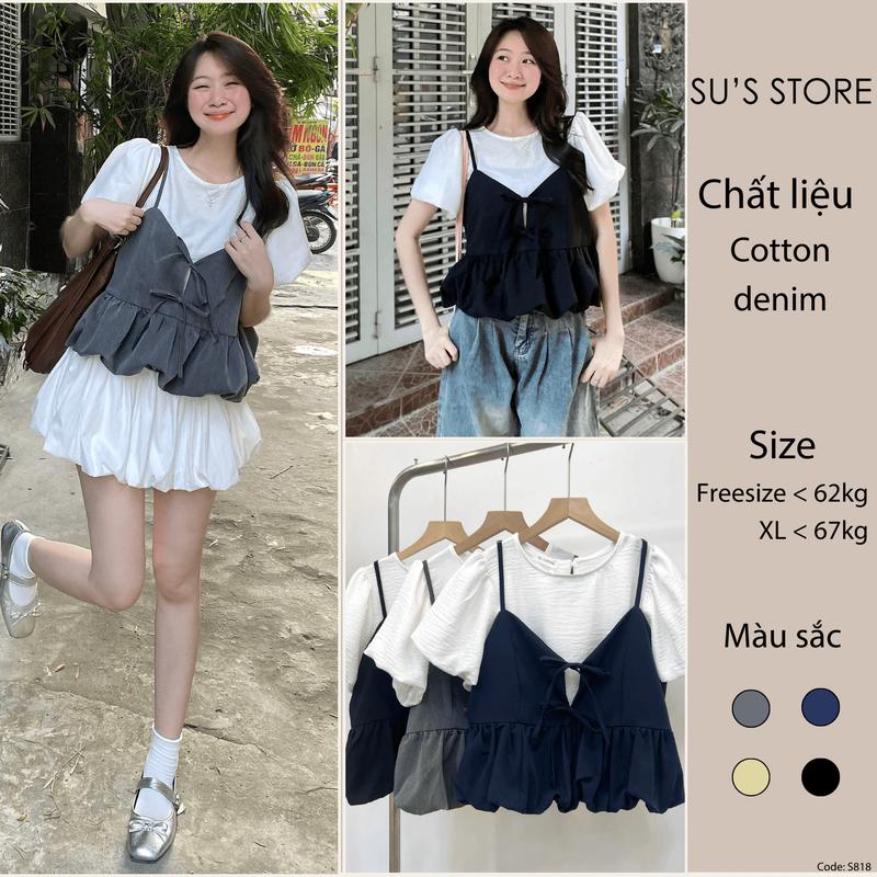 Set Áo Đũi Tay Bồng Kèm Yếm 2 Dây Nơ Trước Phối Dáng Bí (Có Lẻ Áo) S818 Susstore Thời Trang Nữ