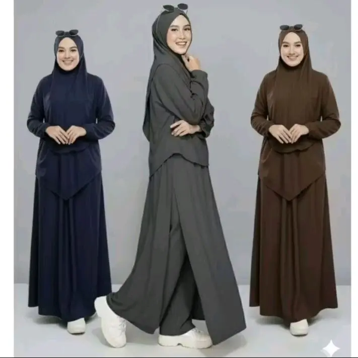 [3 in 1] Setelan Olahraga Syar'i Bahan Jersey Premium Adem Lembut Jatuh dengan Pilihan Warna Navy Abu-abu dan Coklat