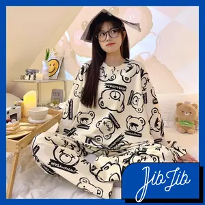 JIBJIB Baju Tidur Set Wanita Piyama Setelan Lengan Panjang Celana Panjang Woman Pajamas Sleepwear Fashion Perempuan Dewasa Remaja PY006