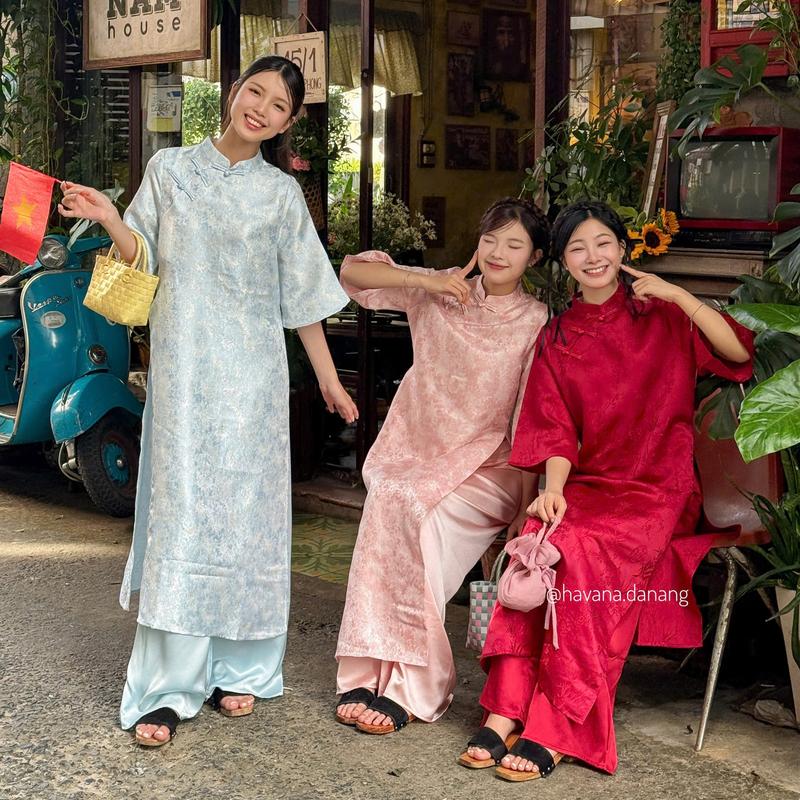   HAVANA  CÓ BIGSIZE - Áo dài gấm tafta TRÁC NGHIÊN cổ trụ truyền thống phối cúc tàu kèm quần Satin AD195 