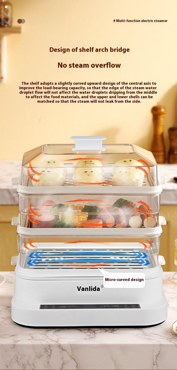 Product Introduction of The bottom of the multi-layer composite pot is quickly and evenly heated, steamed fish and vegetables are steamed out of a pot, and the lid is intelligent and timed to prevent dry burning. Protection 18