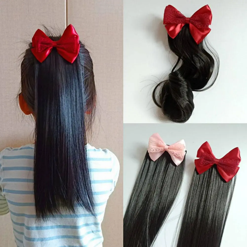 Cute Children's Wig Ponytail Curly Straight Wig Accessories Bow Headdress Hair Clip Hair Ponytail Breathable Long Hair Piece