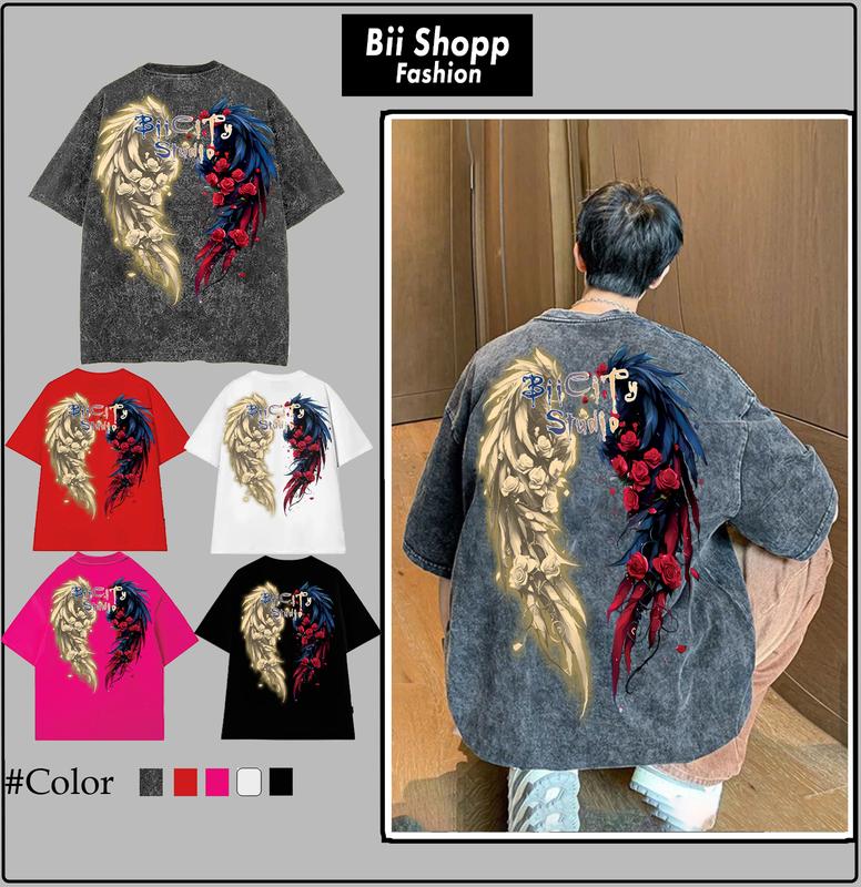 LOCAL BRAND Áo thun Wash Cánh Chim Phong Cách Unisex Form Rộng Áo thun Phông Màu Phong Cách Âu Mỹ