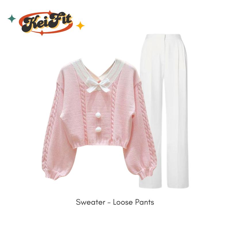 Krisan Setelan 3in1 Set Wanita Ala Korean Style Bella Square Sweater Pink Celana Panjang Loose Putih One Set Lengkap 1