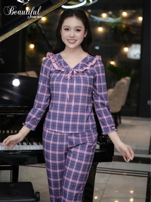 Đồ bộ nữ mặc nhà Y817D Lụa Mango tay dài TÍM kẻ caro cổ V bèo 2 lớp