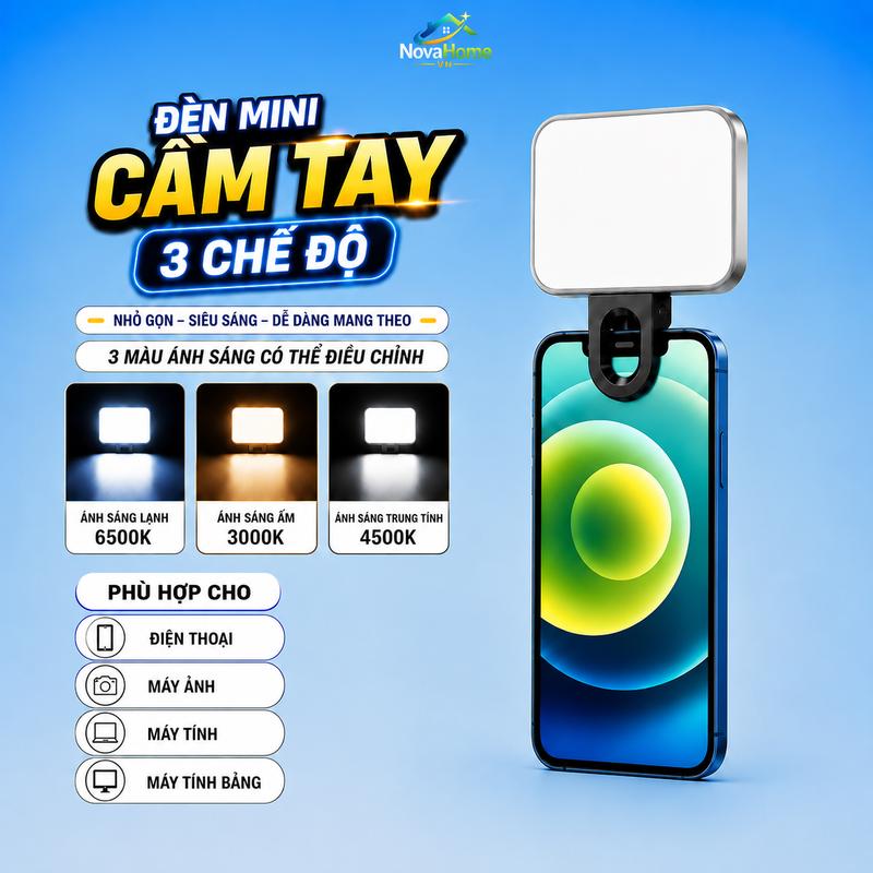 Đèn Led Mini trợ Sáng 3 chế độ, Siêu Nhỏ Gọn Tiện Lợi, Chụp Ảnh Quay Video, Phù hợp kẹp Điện Thoại, Laptop, Ipad,....