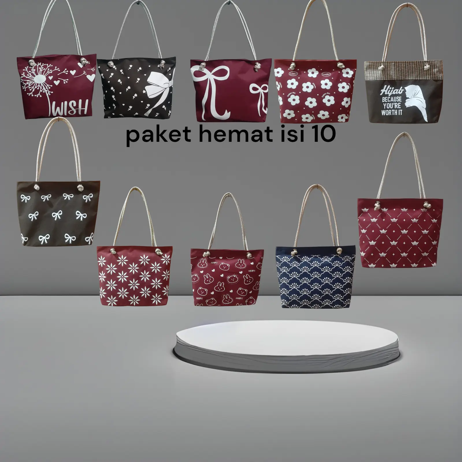 Paket Hemat 10 pcs Tas Totebag Wanita Tali Sumbu Bahan Waterproof Tas Motif Cewek