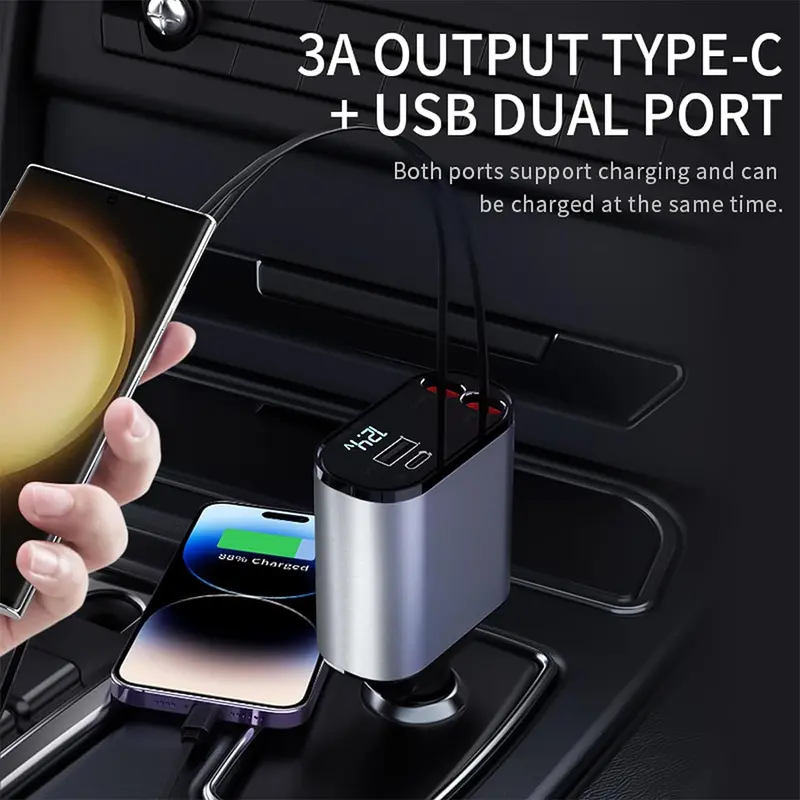 Bộ sạc ô tô có thể thu vào,  điện thoại ô tô nhanh 4 trong 1 60W, Cáp có thể thu vào và  ô tô USB, Tương thích với iPhone15 /14/13/12/ 11, Galaxy, Pixel Bộ Sạc Nhanh 1
