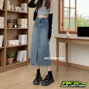 Highwaits Rok jeans span belah tengah 7/8 - Rok Jeans Wanita Korean Style Super Premium Rok Jeans Stretch Melar