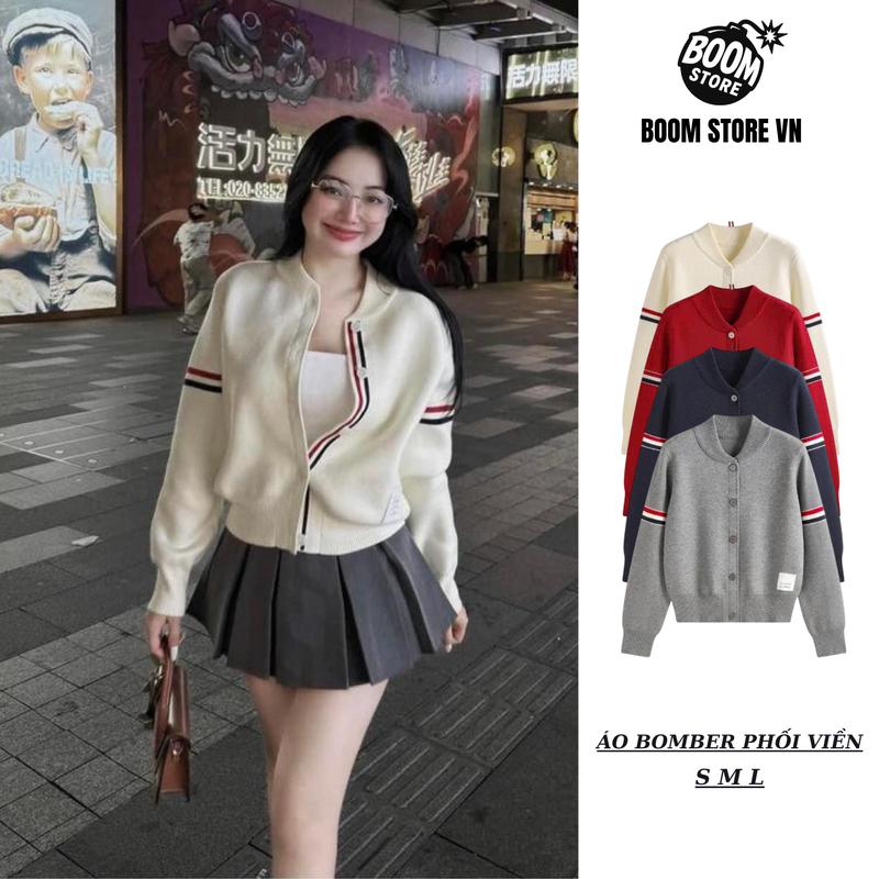 NỈ 2 DA CHUẨN Áo Khoác Bomber Phối Viền Nổ Đính Cúc ,Áo Khoác Nữ Kẻ Sọc Hottrend – BY BOOM STORE