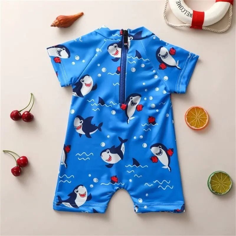 Baju Monyet Musim Panas Bayi Laki-laki Pakaian Renang Ritsleting Lengan Pendek Pola Hiu Kartun untuk Anak Laki-laki Pakaian Mandi Hiu 3