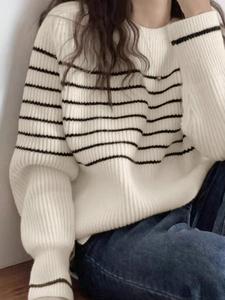 レディース カジュアル ゆったりセーター、レトロな日本風 ストライプ ニットトップ、春秋ファッション、適度な厚みの生地