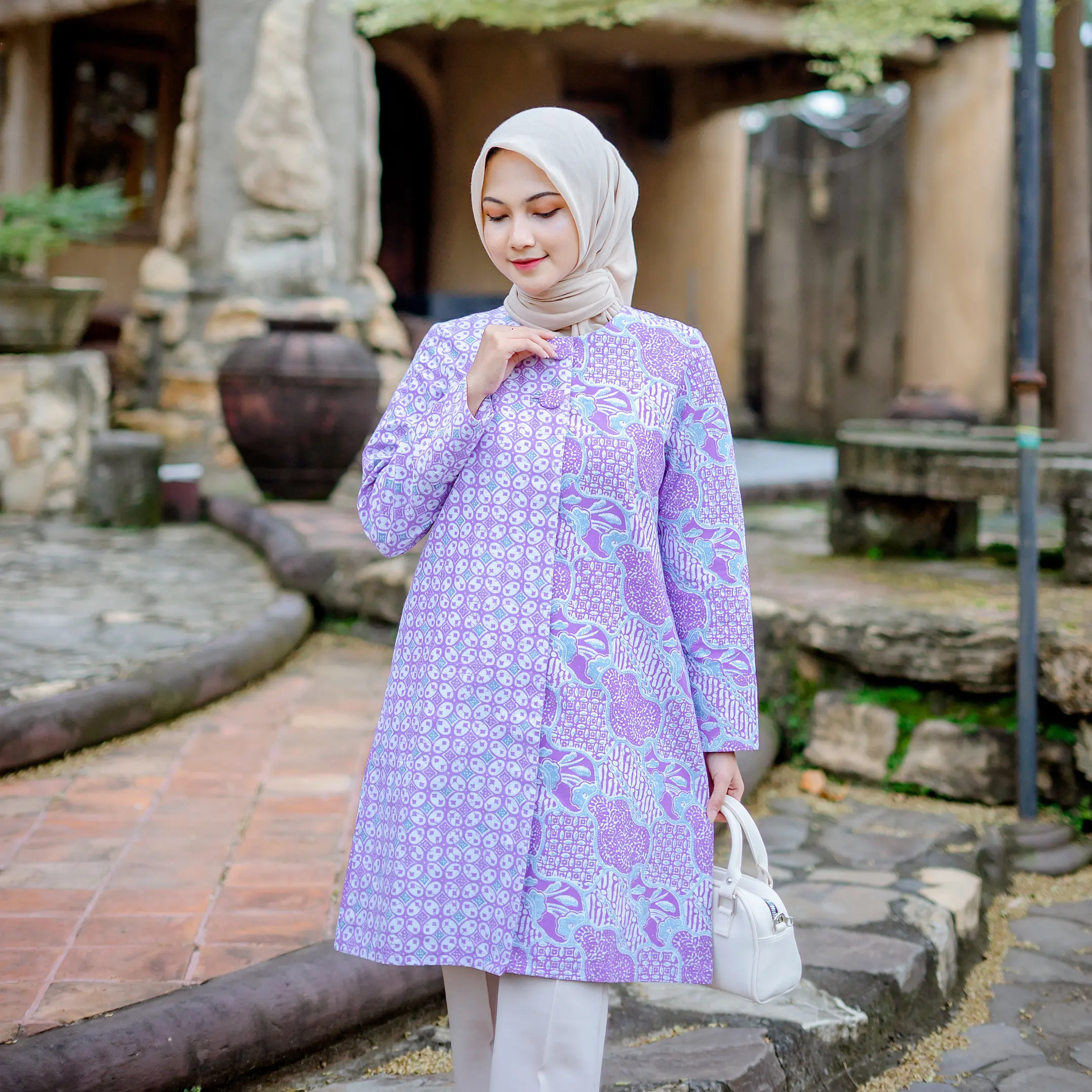 Batik Trikot Tunik Batik Wanita Kantor Lapis Furing Model Lengan Panjang Motif Garutan Shanaya Ungu Seragam Batik Kerja Premium Setelan Muslim