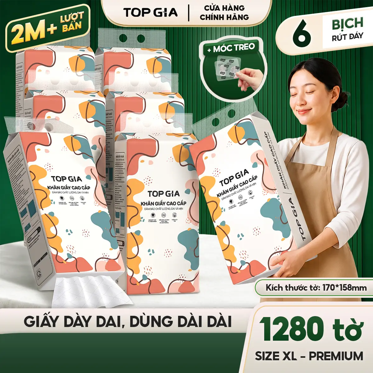 [BẢN KHỔNG LỒ SIZE XL] Thùng 6 Bịch Khăn Giấy Rút Đáy Đa Sắc Cỡ Đại 1280 Tờ - 4 Lớp Chính Hãng - Dày Dai - Mềm Mịn, Giấy Rút Cao Cấp Đạt Chuẩn Bộ Công Thương TopGia (RDS17)