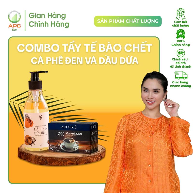  COMBO TẨY TẾ BÀO CHẾT - Dầu Dừa Nấu Thủ Công APG ECO và Cà Phê Đen Hoà Tan ADORÉ 1890 Cà Phê Đen Không Đường Đậm Vị Giúp Tỉnh Táo  15 Gói x 2g  