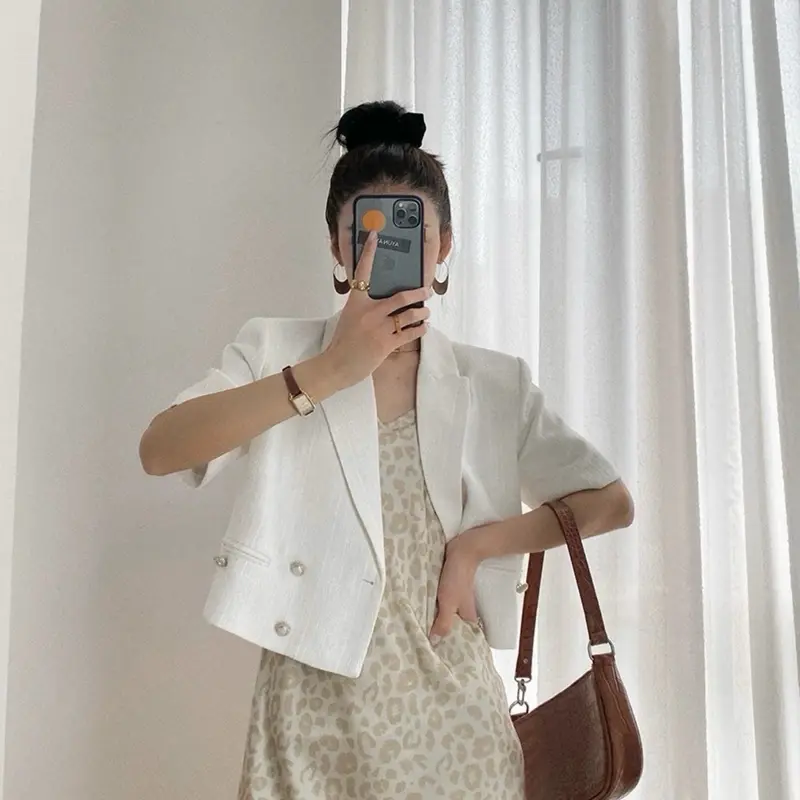 THE0NE Blazer Tweed Tipis Lengan Pendek Model Leher V // Tweed Blazer Top Casual For Daily / 1