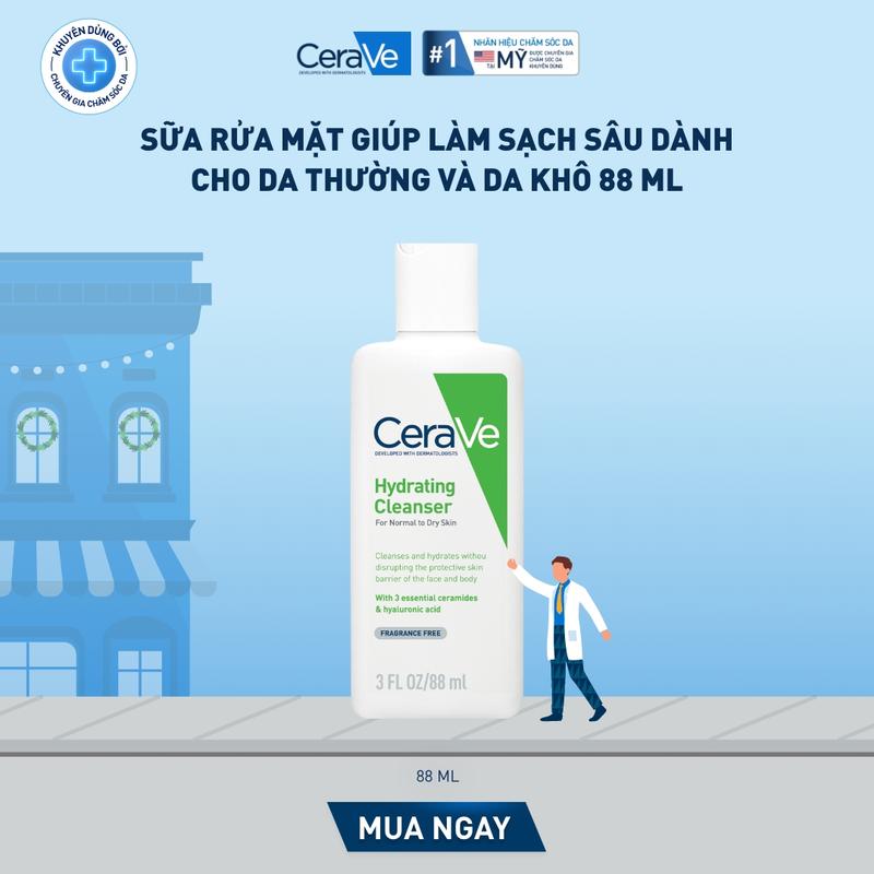   FlashSale  Sữa rửa mặt giúp làm sạch sâu dành cho da thường và da khô Cerave Hydrating Cleanser 88ML dạng gel không tạo bọt làm sạch sâu dịu nhẹ và cung cấp độ ẩm cho da. Chăm sóc da_Sữa rửa mặt_Skincare cho Nam và Nữ_Cleansing 