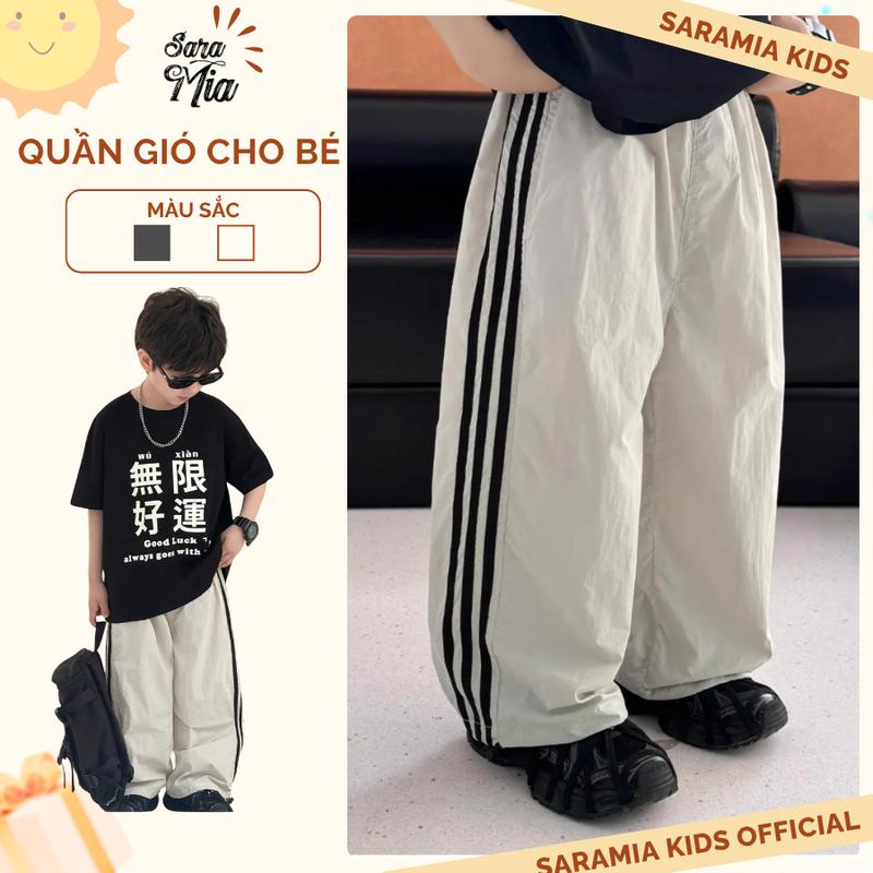 Quần gió unisex phối dọc SARAMIA KIDS quần jogger dây rút cho bé trai bé gái chất gió phối kẻ cao cấp DT07