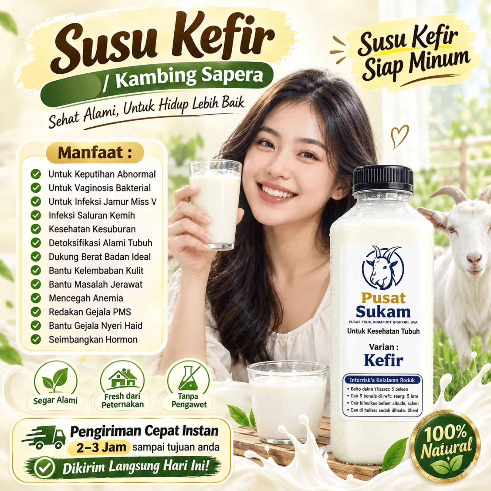 Kefir Susu Kambing Sapera Untuk Keputihan Abnormal Vaginosis Bakterial Infeksi Jamur Miss V Infeksi Saluran Kemih Kesuburan Wanita Detoksifikasi Alami Tubuh Dukung BB Ideal Kelembaban Kulit Jerawat Cegah Anemia Gejala PMS Nyeri Haid Isi 950 mL Siap Minum