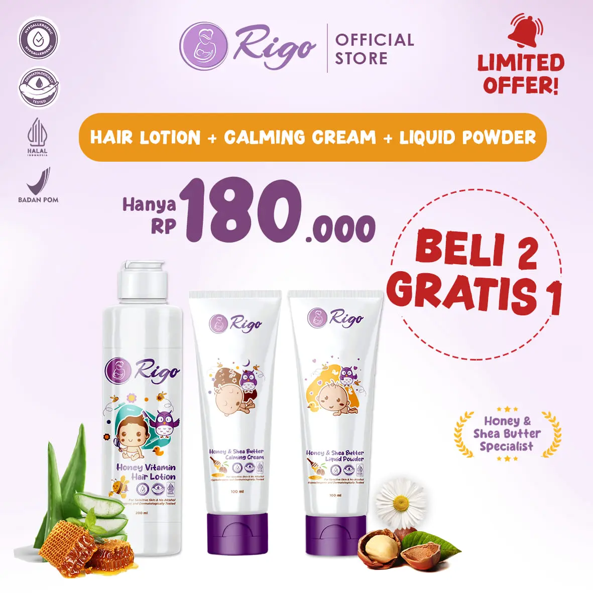 Rigo Limited Edition Buy 2 Get 1 I Hair Lotion 200ml + Calming Cream 100ml + Liquid Powder 100ml