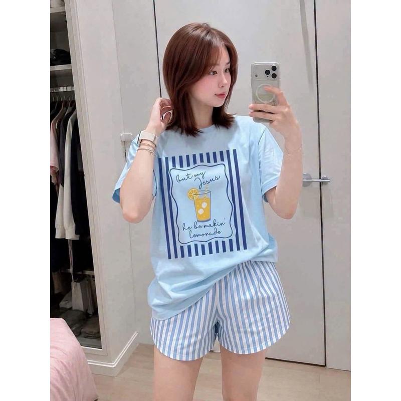 SET1017-Set thun cộc áo kẻ xanh phối quần short