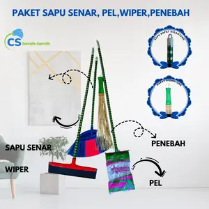 [Paket Hemat] Alat Kebersihan: Sapu  Lantai Senar, Wiper, Pel Lantai, Pengki Plastik, dan Penebah SEMUA Gagang Kayu serat nilon hemat ruang