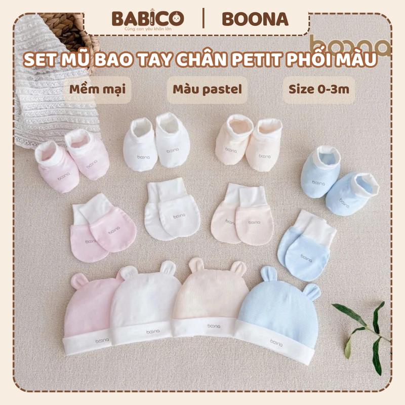 Set Mũ Tai Gấu Và Bao Tay Chân Phối Màu Hãng Boona Cho Bé Sơ Sinh Vải Petit Mềm Mại Nhiều Màu Cao Cấp