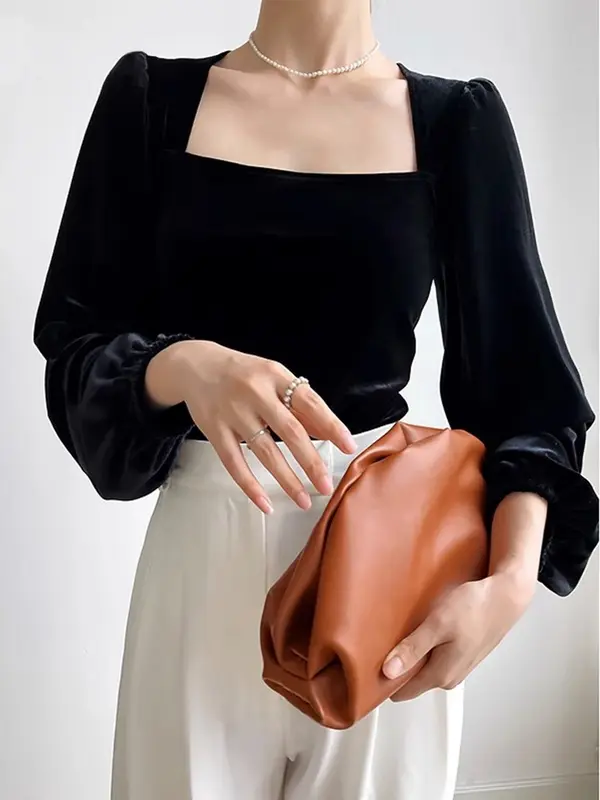 ONEFASHIONMALL SL033 Blouse Velvet Top Square Neck Long Sleeve Bluse Lengan Panjang Puff Atasan Baju Wanita 8