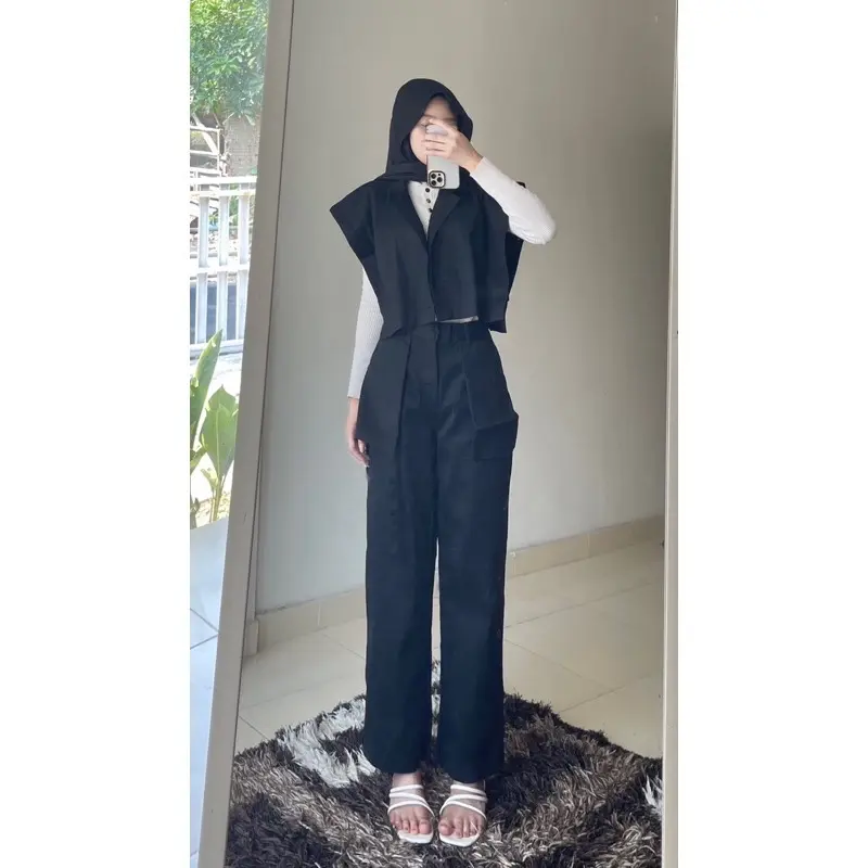 JN- Oneset Korean Fujian Vest Set Celana Katun Linnen Premium Super Tebal Casual  Wanita Setelan Atasan Fit Top Bawahan Panjang Baju Oversize Outer Linen Blazer Kulot Dewasa Formal Hitam 1