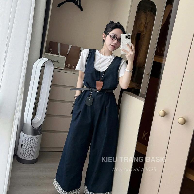 BIGSIZE HIẾU HIẾU (55-95KG) - Set bộ Yếm jeans quần dài suông viền ren + Áo thun trắng trơn S556