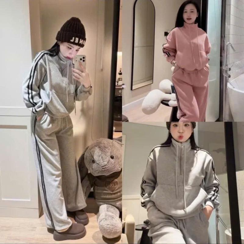 Set Đồ Bộ Nỉ Áo Dài Tay Chạy Mí Thêu Hình Túi Trước Dài Tay Cổ Thụ Mix Quần Xuông Dày Đanh Set Đồ Nữ Mùa Đông