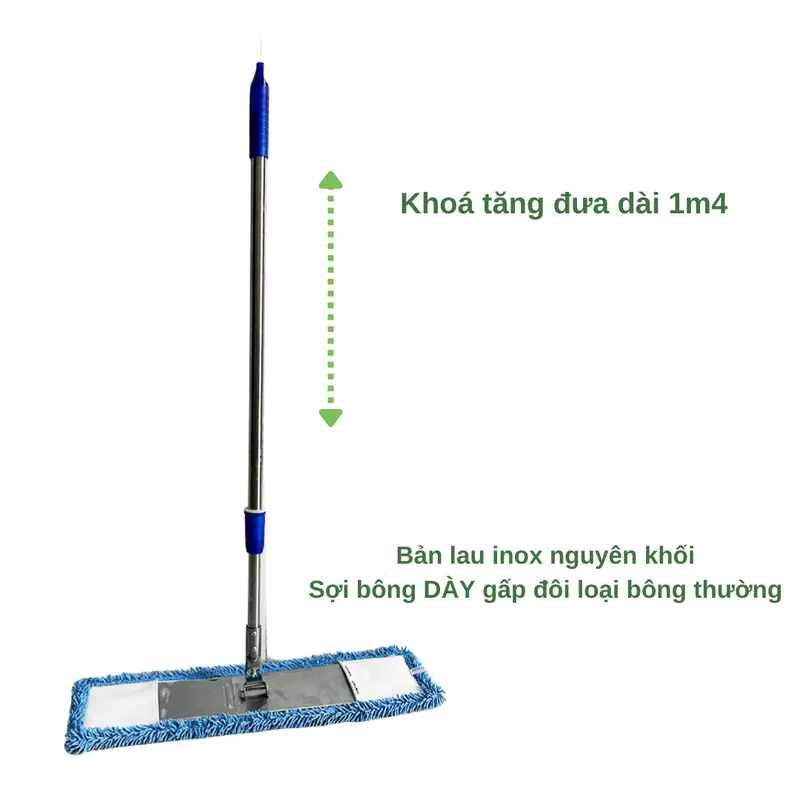 Cây lau nhà công nghiệp sợi bông San Hô bản CAO CẤP-Cây lau sàn thiết kế bản lau và thân cây DÀY DẶN cứng cáp (45-60cm)  khóa tăng đưa dài 1m5 3