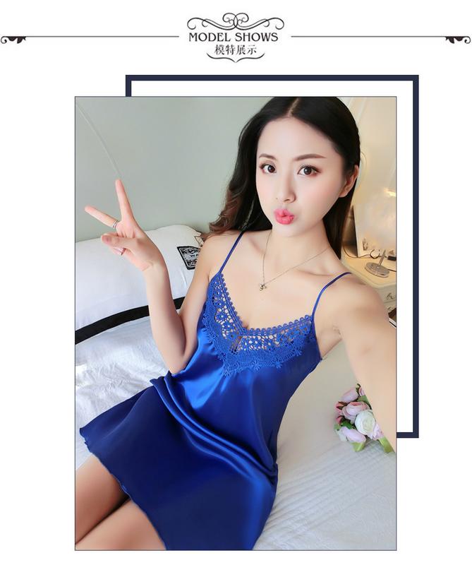 Product Introduction of 2021 New sexy camisole nightgown for women, deep V-shaped backless imitation silk pajamas, lace Japanese home clothing, cross-border 7