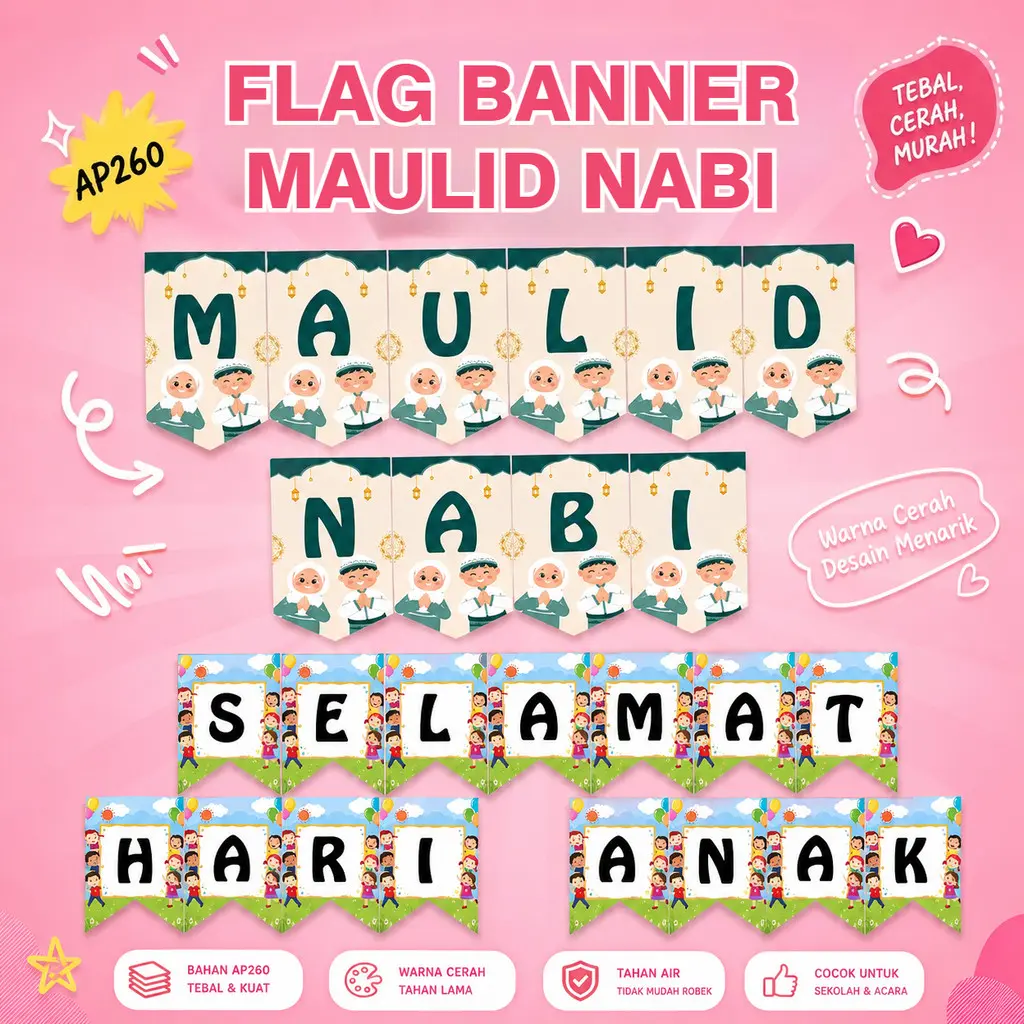 JDM Project - Banner Tulisan Selamat Hari Anak Maulid Nabi Muhammad / Dekorasi Hiasan Kelas Maulid Nabi Hari Anak