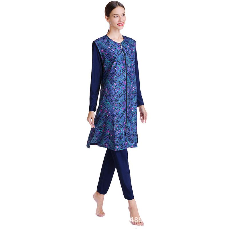 Product Introduction of 2024 NEW Muslim Swimsuit Women Printing Blue Conservative Swimwear Three-Piece Zipper Hooded 1