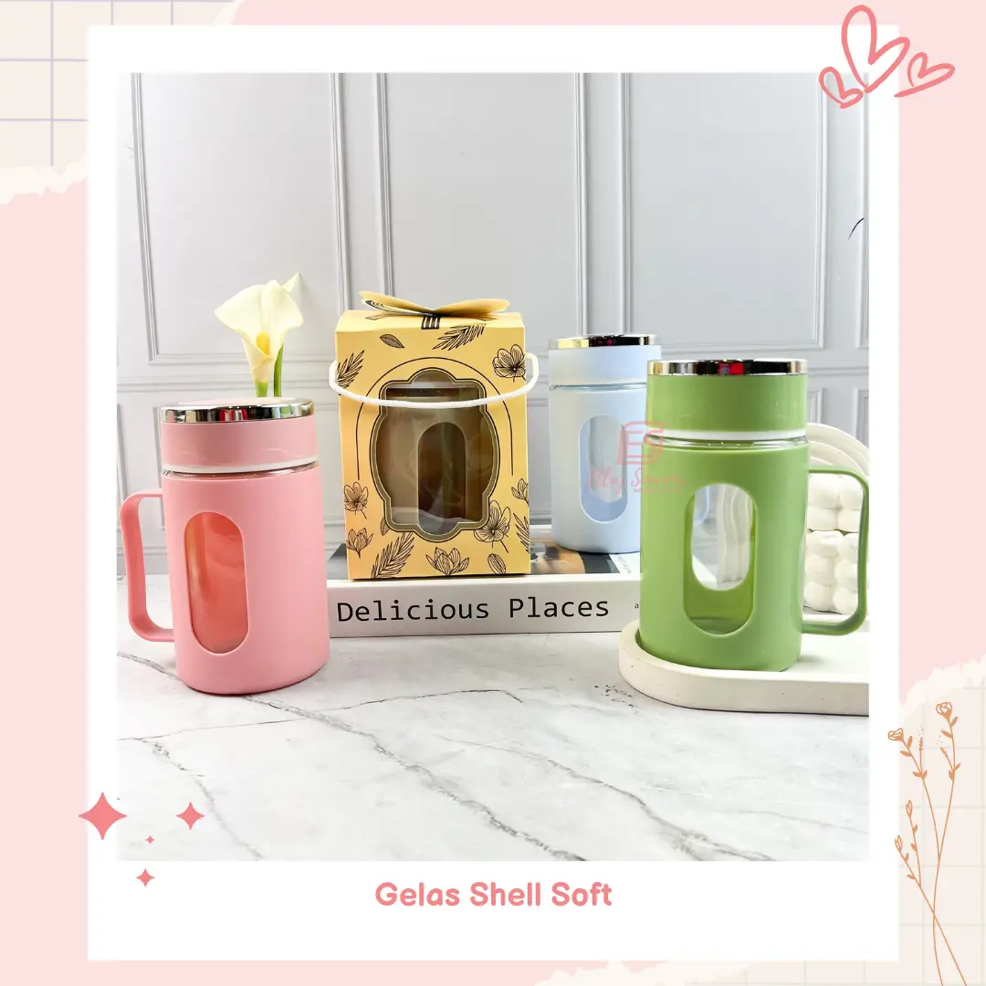 ( Isi 10 pcs ) Gelas Kaca Gagang Shell Warna Soft Kemas Box Ranting