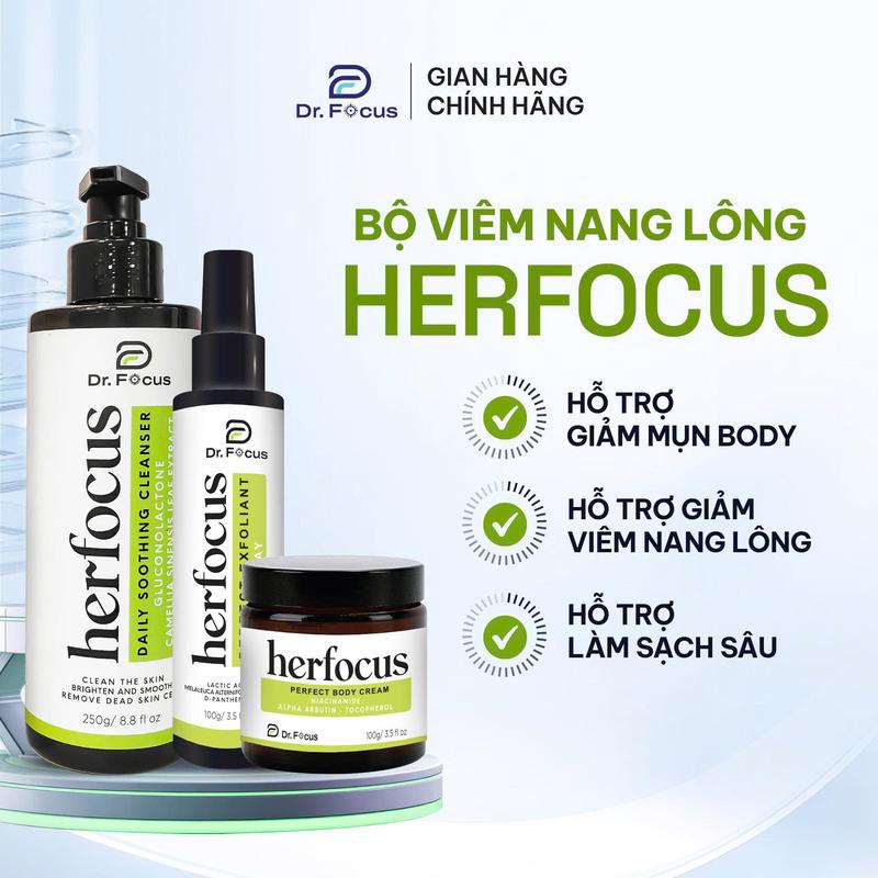  Bộ sản phẩm hỗ trợ làm dịu nang lông HERFOCUS gồm Sữa tắm Herfocus + Xịt dưỡng Herfocus+ Kem dưỡng hỗ trợ làm dịu nang lông  Kem Body K1 New 
