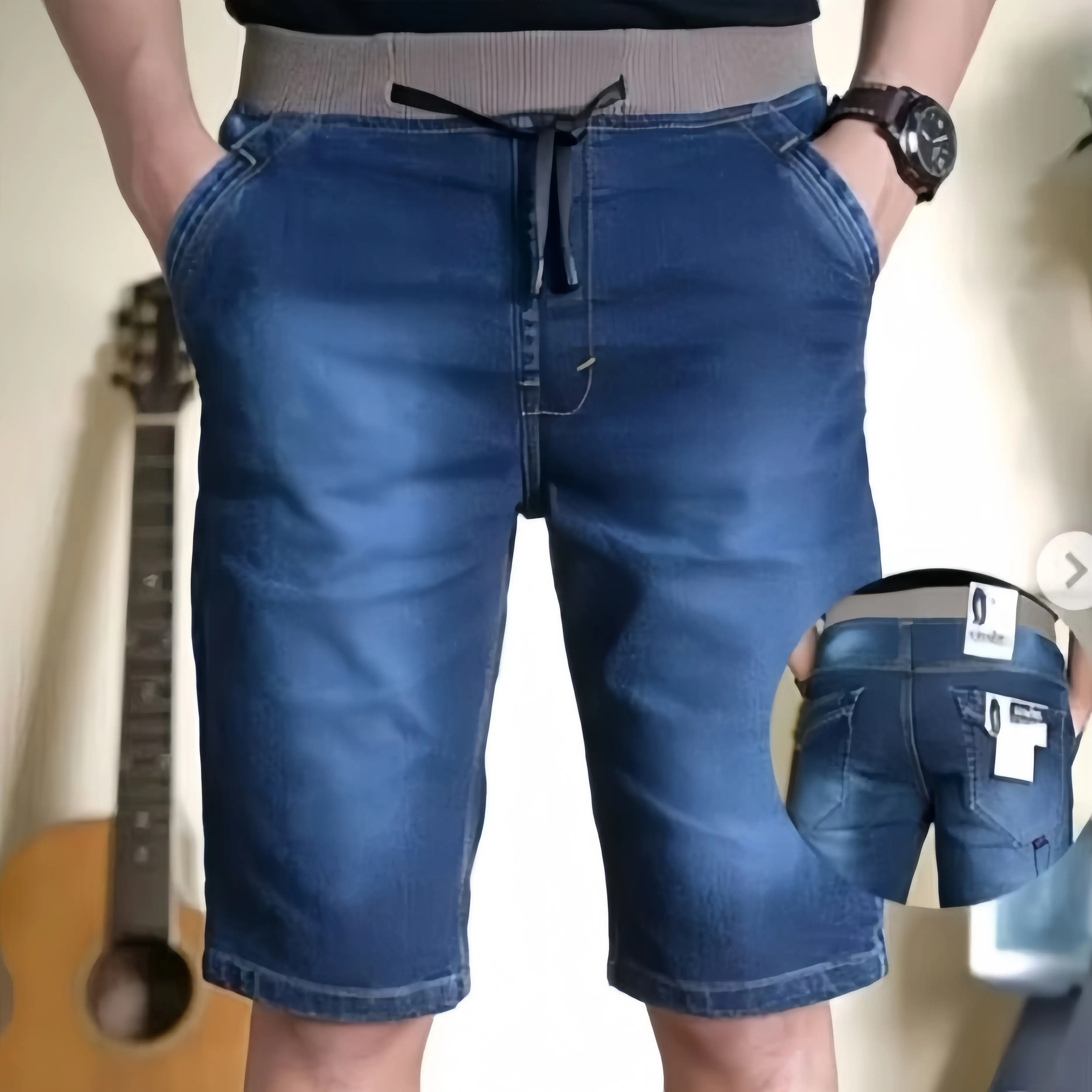 CELANA PENDEK PRIA JEANS KOLOR RIP PINGGANG KARET