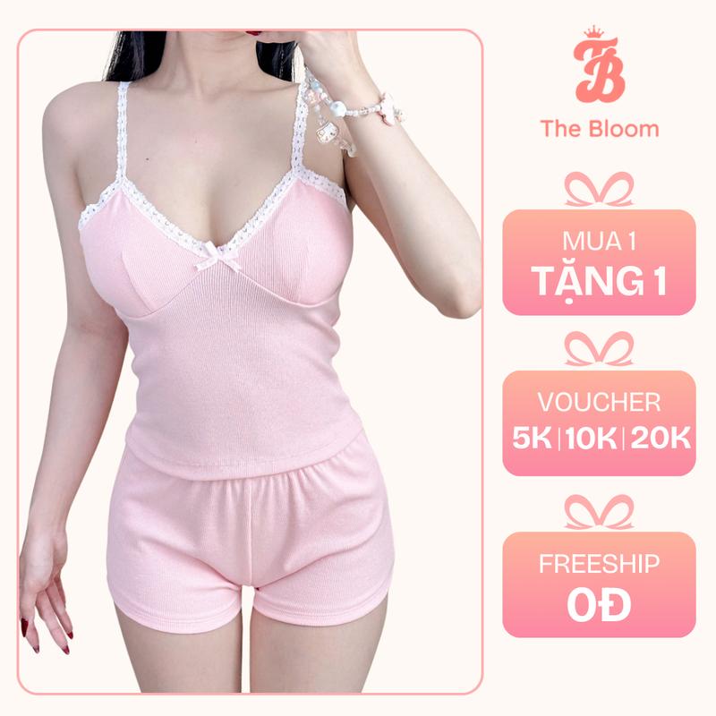  THE BLOOM  CÓ MÚT  Set Ngủ Nữ áo 2 Dây Cổ Tim Viền Ren Có Sẵn Mút Mềm Và Quần Mini Ngắn Ôm Body Chất Gân Cotton Lụa Ngủ Nữ Ôm Body - SE028 victoria secret  pajamas   ngủ  thun  tăm  2  dây         có  đệm  mút 