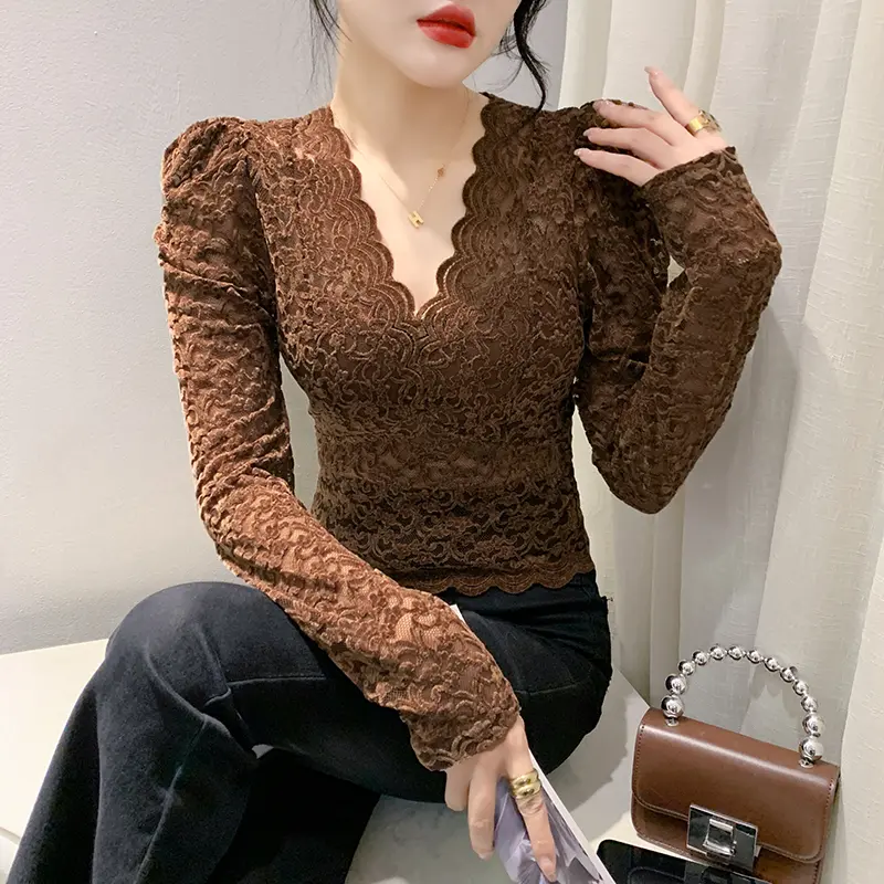 Áo Ngắn, DL 2025 Hàng Mới Về Mùa Thu, Phong Cách Hàn Quốc, Dáng Ôm, Màu Cà Phê, Tay Áo Dài, Áo Ren, Cổ Chữ V