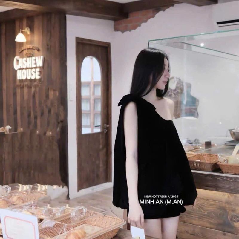 DAILY01 Set Áo babydoll nhung đính nơ lệch vai mix quần nhung, thiết kế sang chảnh tiểu thư  , tôn dáng .Thời trang thu đông