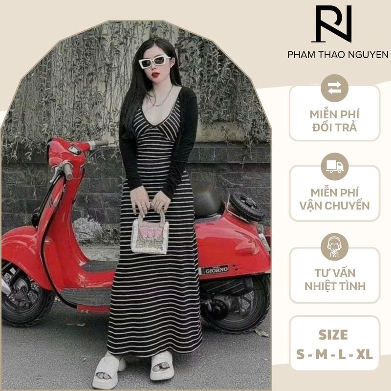  G39 Set Đầm Váy Sọc Hai Dây Dáng Dài Xoè Chữ A - Chất Thun Co Giãn - Thoáng Mát - Dành Cho Nữ - Woman - PTN 