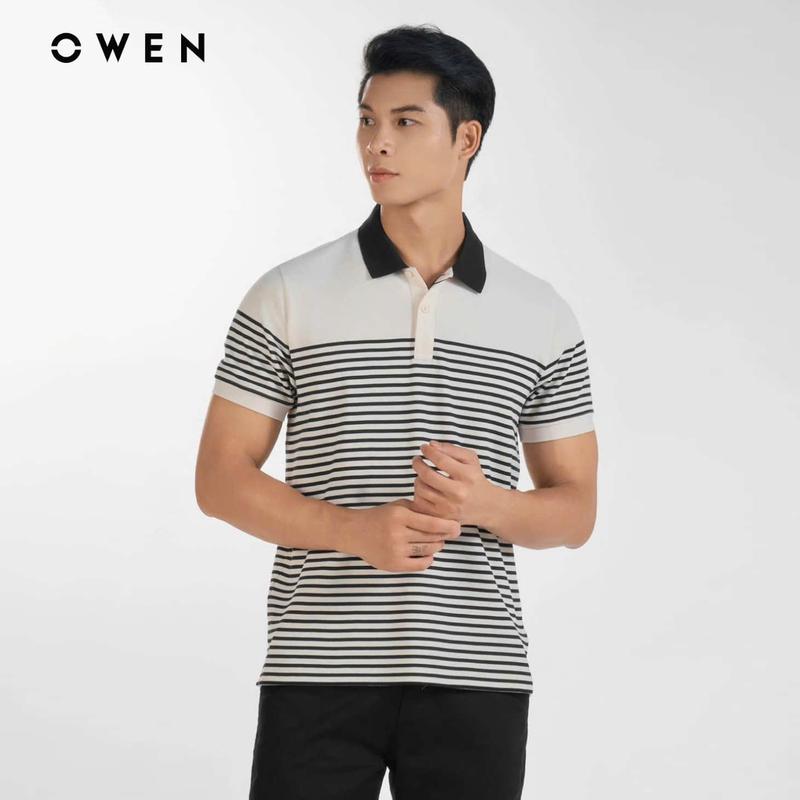 OWEN - Áo polo nam ngắn tay Dáng Body Fit màu BE nhạt kẻ ngang (CVC Spandex) - 253626