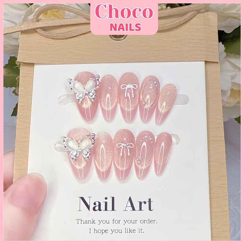   MÓNG NGẮN  Bộ NAILBOX Thiết kế Sang Chảnh 10 Mó.ng Size M Mắt Mèo Form Ngắn Nhọn Cho Nữ Làm Nail Tại Nhà Có Tặng Kèm Phụ Kiện 