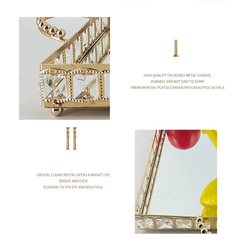 Nampan Kaca Kristal Gold Gagang Diamond Europe Gold Tray / Pajangan Nampan / Dekorasi Home Decoration Kitchenware 8